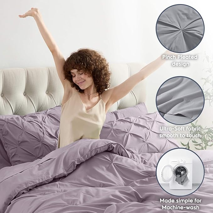 Nestl California King Comforter Set 7 Piece - Pintuck Cal King Comforter Set Dusty Purple, California King Bed in a Bag, All Season Bed Set with Flat Sheet and Fitted Sheet, Pillowcases and Shams