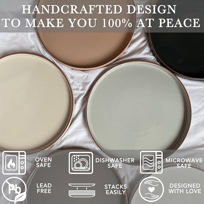 Mora Ceramic Flat Plates Set of 6-8 in - The Dessert, Salad, Appetizer, Small Lunch, etc Plate. Microwave, Oven, and Dishwasher Safe, Scratch Resistant. Kitchen Porcelain Dish - Neutrals