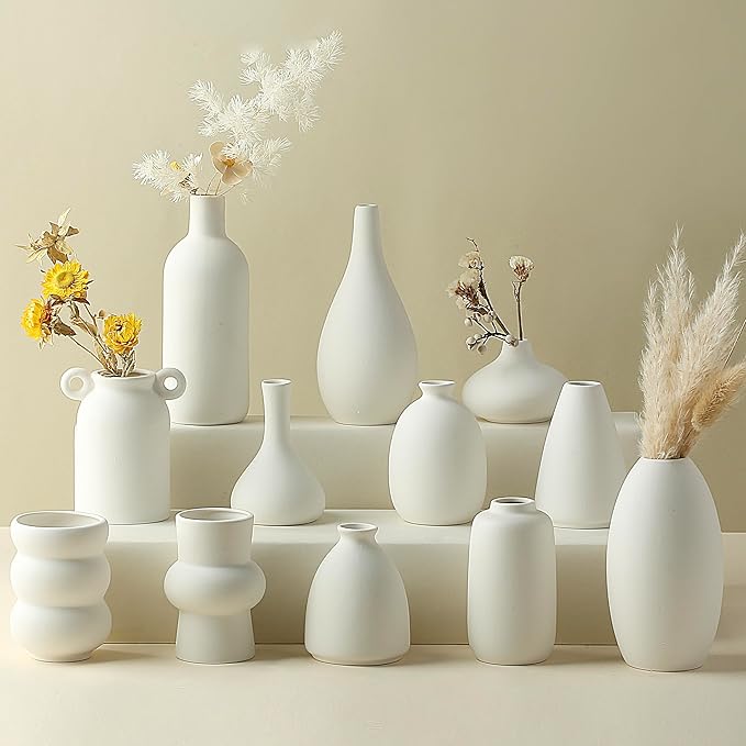 Set of 12 White Ceramic Vase for Pampas Grass Flowers, Japandi Small Vases in Bulk for Wedding Centerpieces, Shelf and Table Decorations, Living Room and Bedroom Decor, DIY Gift