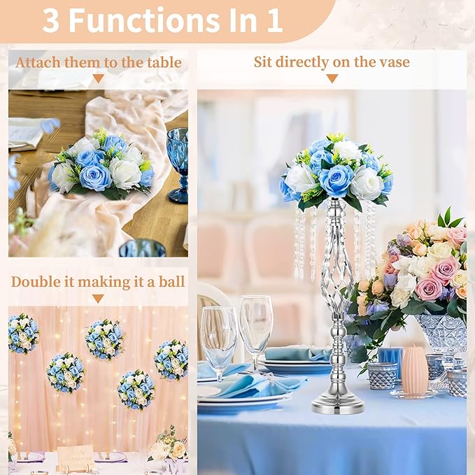 NUPTIO Pcs of 2 Fake Flower Ball Arrangement Bouquet,15 Heads Plastic Roses with Base, Suitable for Our Store's Wedding Centerpiece Flower Rack for Parties Valentine's Day Home Décor (Blue & White)