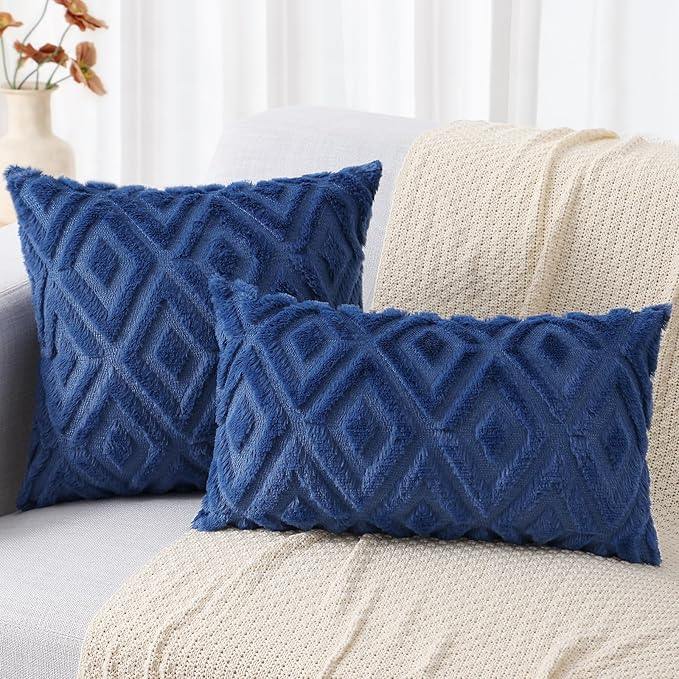 decorUhome Couch Throw Pillow Covers 22x22 Set of 2, Decorative Soft Plush Faux Wool Neutral Accent Pillow Covers for Bed Sofa Living Room, Blue