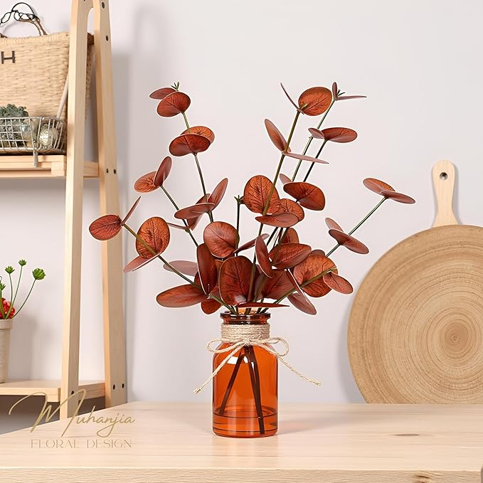 Artificial Eucalyptus Stems in Amber Glass Vase with Faux Water,3Pcs Fake Plant with Double-Sided Terracotta Leaves for Centerpiece (Double-Sided Terracotta Eucalyptus)
