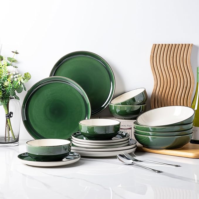 GBHOME Ceramic Dinnerware Sets with Pasta Bowl, 16 pcs Stoneware Dinnerware Set, Plates and Bowls Sets, Dishwasher & Microwave Safe, Dishes Set | Service for 4