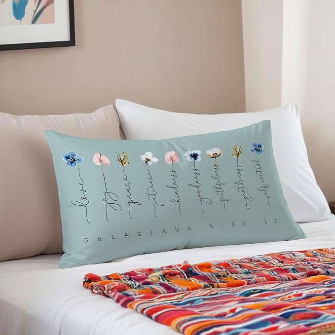 Fruit of The Spirit Bible Verse Pillow Covers 12x20, Boho Floral Christian Throw Pillow Covers for Home Office Church Decor, Christian Gifts for Women, Faith Based Gifts(Blue Grey)