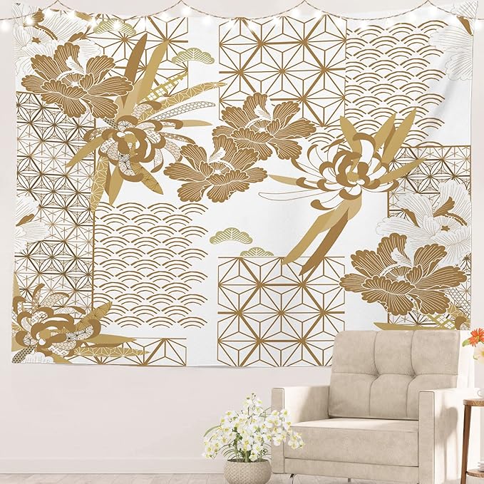 Batmerry Gold Japanese Floral Tapestry, Spring Wall Art Hanging Decoration Polyester Fiber White Ruffled Around for Dorm Room Bedroom Living Room, 59.1x82.7 inches