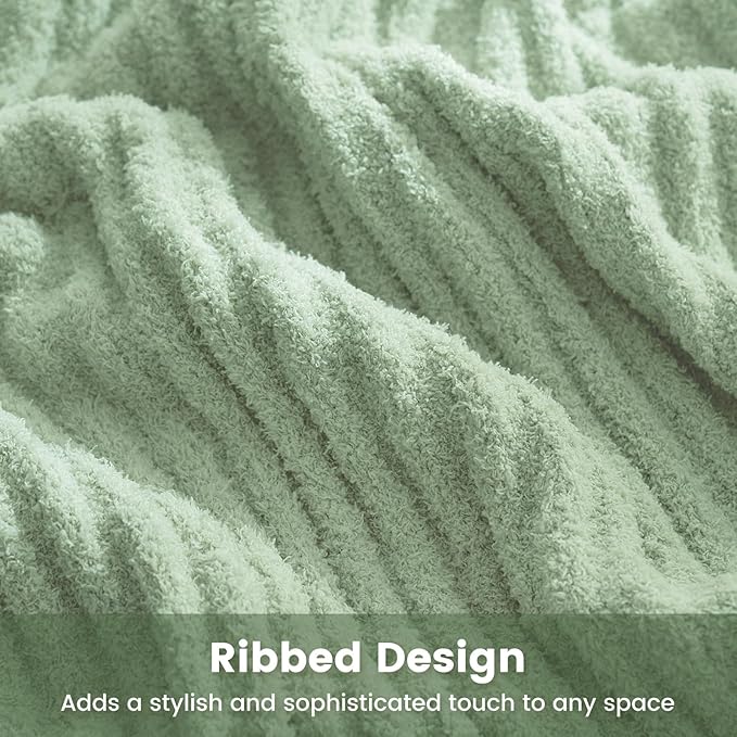 Snuggle Sac Soft King Size Blanket for Bed, Cozy Soft Fuzzy Microfiber Knit Stripe Bedding Blankets, Sage Green, 108x90 inches