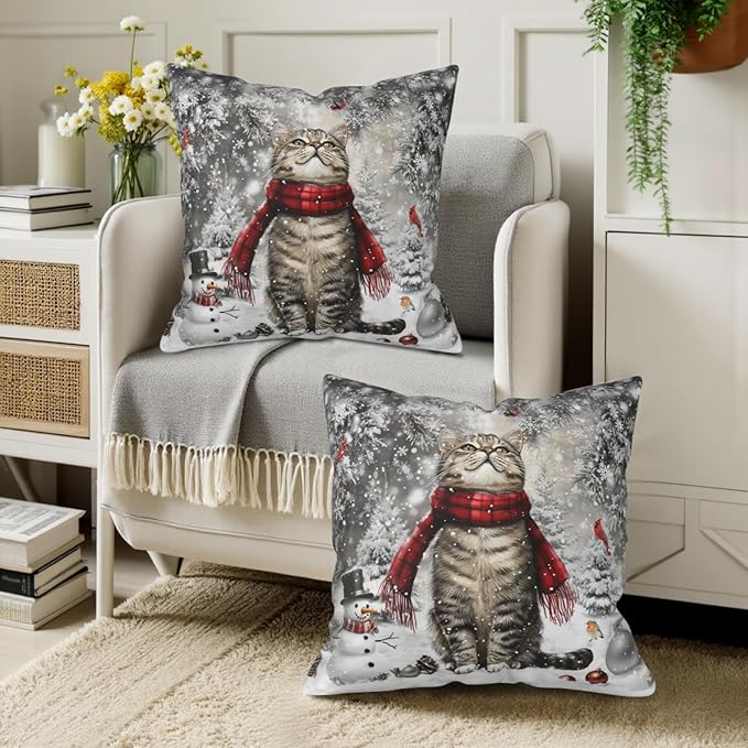 Winter Cat Pillow Cover - Christmas Kitten Throw Pillows Covers 16x16 Set of 2 Snowflake Pillow Cases for Sofa Bedroom