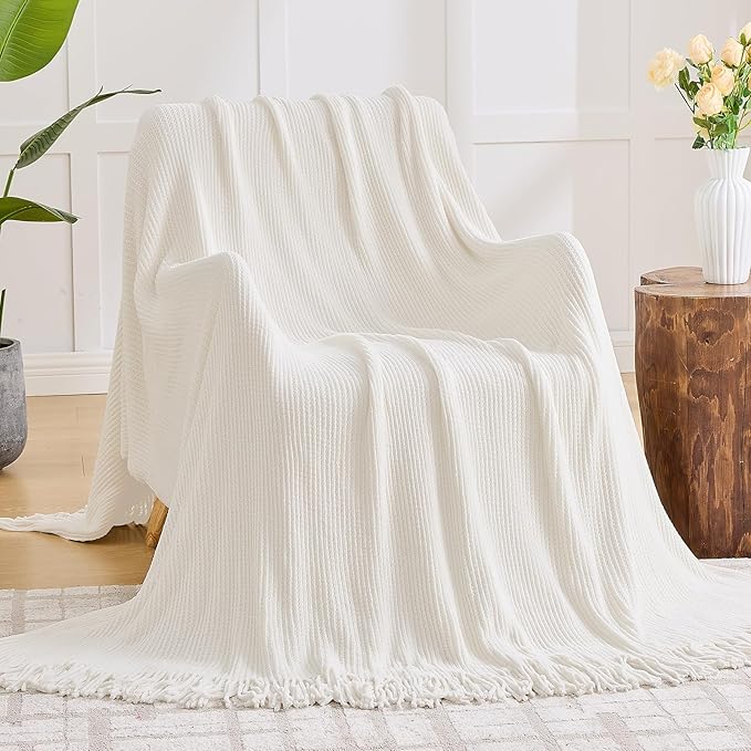 inhand Throw Blanket for Couch Bed,Chunky Chenille Woven Soft Blankets with Tassels, Cozy Boho Farmhouse Fall Winter Decor,Warm for Women,60"x80",Medium Thick-Off White
