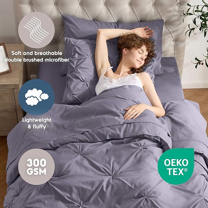 Nestl Twin Comforter Set 5 Piece - Pintuck Twin Bedding Sets Dusty Purple, College Room Essentials for Girls and Boys Bed in a Bag All Season, Comforter Set with Sheets, Pillowcase and Sham