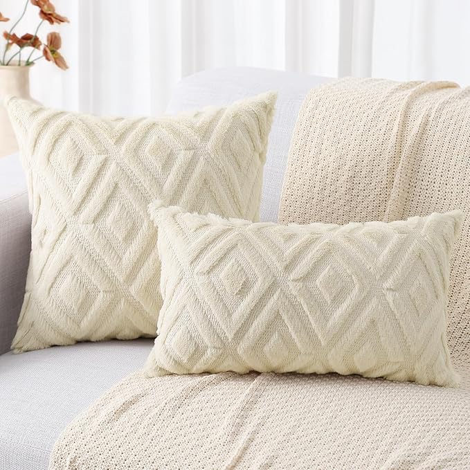 decorUhome Couch Throw Pillow Covers 22x22 Set of 2, Decorative Soft Plush Faux Wool Neutral Accent Pillow Covers for Bed Sofa Living Room, Beige