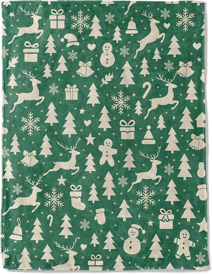 Christmas Decorative Blanket, Reindeer Tree Snowman Bell Print Throw Decoration, Soft Flannel Winter Blankets for Couch Bed Sofa, Holiday Home Decor, Xmas Festival Gifts Green 60x80 Inch