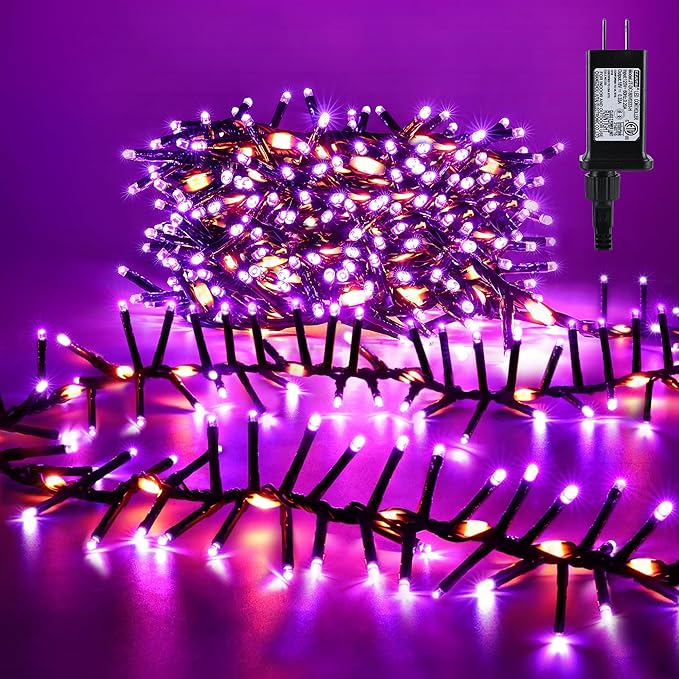 Brizled Outdoor Halloween Lights, 372 LED 17 Modes Orange & Purple Halloween Cluster Lights with Timer, 19.6FT Waterproof Spooky Light Plug in, Orange Purple Light Black Wire for Indoor Outdoor Decor