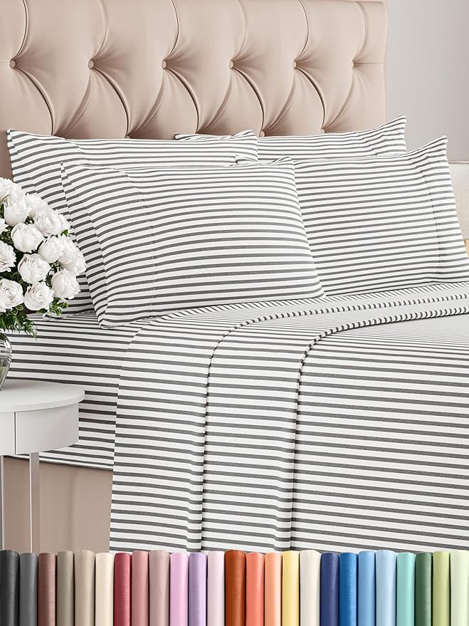 Queen 6 Piece Sheet Set - Comfy Breathable & Cooling - Soft Hotel Luxury Bedding Set with 8-16 Inch Deep Pockets - 1 Flat & 1 Fitted Sheet & 4 Pillowcases - Wrinkle Free & Easy Care - Grey Stripes 2