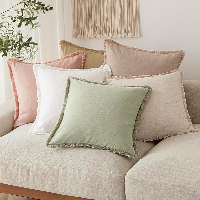Foindtower Decorative Linen Fringe Throw Pillow Covers Cozy Boho Farmhouse Cushion Cover with Tassels Soft Accent Pillowcase for Chair Sofa Bed Living Room Home Decor, 26×26 Inch, 1PC,Light Sage Green