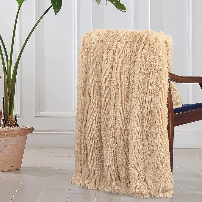 Tuddrom Decorative Extra Soft Faux Fur Blanket Queen Size 80" x 90",Solid Reversible Fuzzy Fluffy Cozy Plush Fleece Comfy Microfiber Fur Blanket for Couch Sofa Bed,Apricot