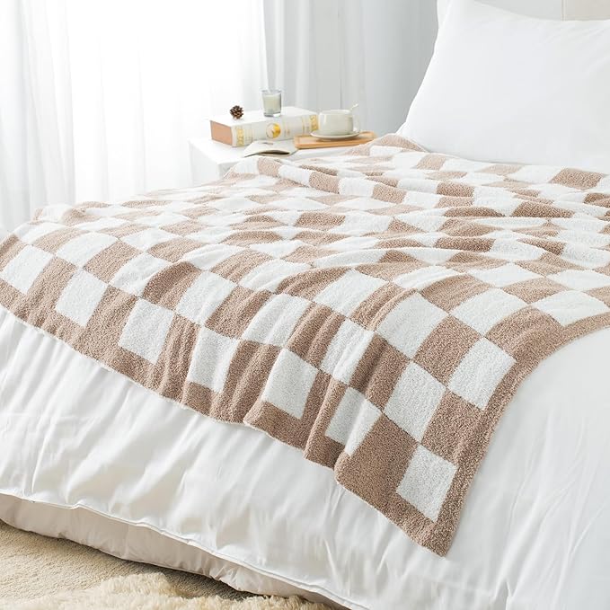 Carriediosa Checkered Throw Blanket 50" X 60", 400GSM Ultra Soft Microfiber Fuzzy Fluffy Reversible Cute Preppy Knitted Blankets Cozy Plush Fall Throws for Couch, Bed, Sofa, Taupe
