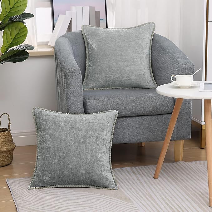 decorUhome Chenille Soft Throw Pillow Covers 16x16 Set of 2, Farmhouse Velvet Neutral Decorative Euro Pillow Covers with Stitched Edge for Couch Sofa Bed Home Decor, Neutral Gray