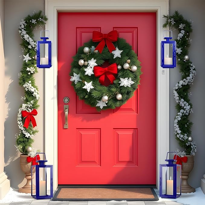 DECORKEY Christmas Decorations Outdoor&Indoor, 17''&13'' Set of 2 Blue Decorative Candle Lanterns, Modern Hanging/Tabletop Candle Holders for Christmas Home Porch Patio Wedding Decor