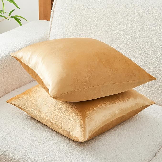 Throw Pillow Covers Gold Set of 2 16x16 Inch Pillow Covers, Soft Velvet Fall Decorative Cases for Couch Sofa Bed, Home Boho Decor, Modern Farmhouse Cushion Covers