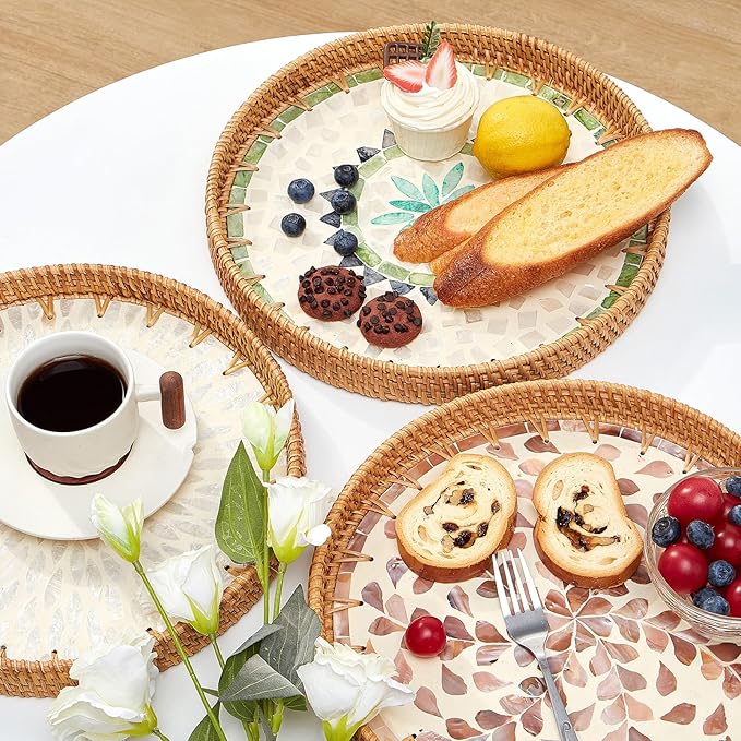 Round Rattan Tray with Mother of Pearl Inlay, Rattan Serving Tray with Wooden Base, Decorative Wicker Basket for Table Decor, Storage and Display of Coffee Bread Food Fruit (Wicker)