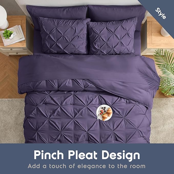 Nestl 7 Piece Comforter Set - King Pinch Pleated Purple, Bed in a Bag, All Season, King Bedding Set with Sheets and Pillowcases