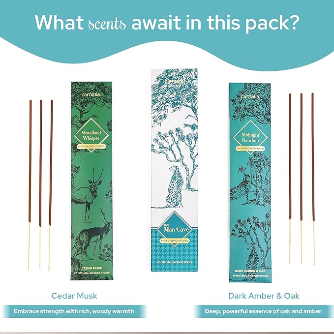Carnatia Man Cave Incense Set – 2 Intense, Pheromone-Infused Scents | Rugged, Long-Lasting Aromas for Power, Focus & Elevated Vibe!