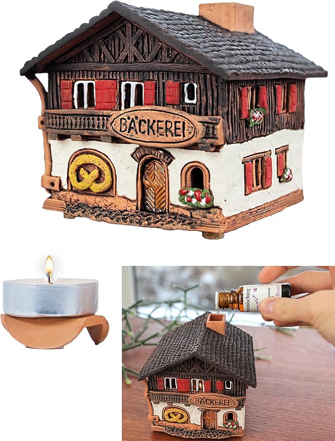 Ceramic Miniature House of The Original Bakery in Bavaria Germany, Tea Light Candle Holder Home Decor Handmade from Clay Tiny House
