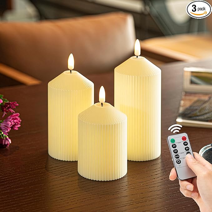 Flameless Candles with Remote, 3 Pack Battery Operated Candles Real Wax LED Fake Pillar Candles with Timer Flickering Battery Candle for Wedding Home Party, Ivory