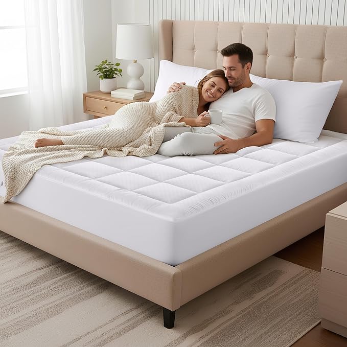 OLANLY King Quilted Fitted Mattress Pad – Soft Pillow Top Mattress Topper, Down Alternative Fill, Cooling Comfort Breathable Mattress Cover, Machine Washable Deep Pocket Mattress Protector, White