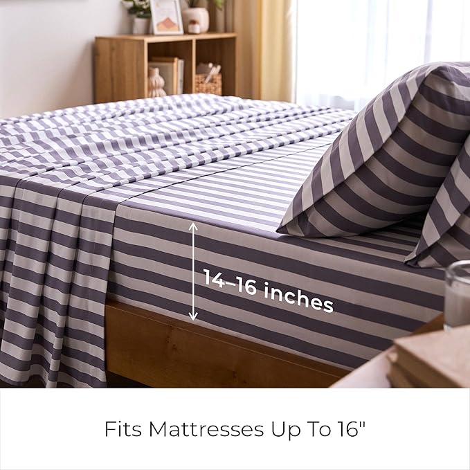 Mellanni Full Sheets Set - 4 PC Iconic Collection Bedding - Hotel Luxury, Extra Soft, Cooling Bed Sheets - Wrinkle, Fade, Stain Resistant (Full, Oxford Stripe Hazy Lilac)