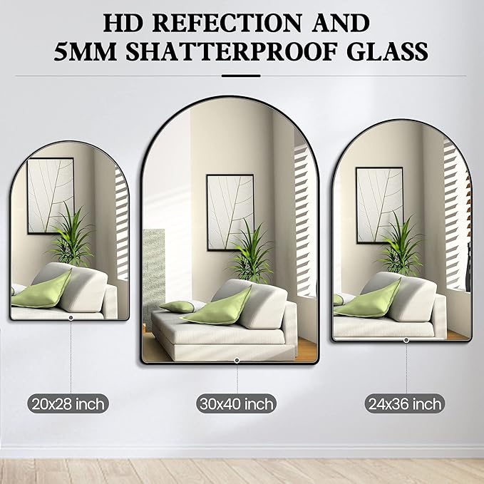 26x38 inch Black Tempered Glass Large Arched Mirror for Bathroom Vanity Mirror or Wall Decor Arch Mirror Brushed Metal Frame Wall Mounted Mirror for Bathroom LivingRoom Bedroom Entryway
