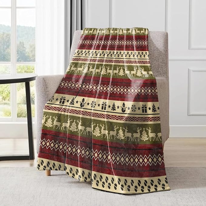 Vintage Christmas Decorative Throw Blanket, Reindeer Snowman Tree Print Decoration, Soft Flannel Winter Blankets for Couch Bed Sofa, Holiday Home Decor, Xmas Festival Gifts 50x60 Inch