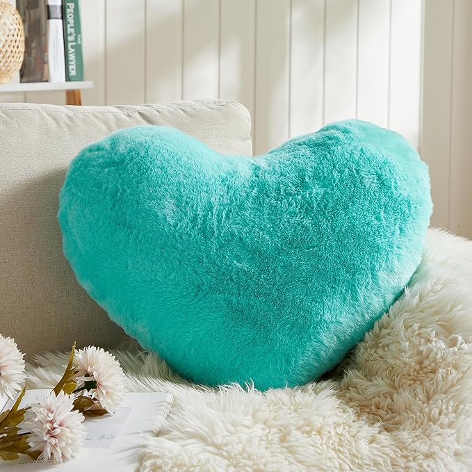 EastTree Heart Pillows, Teal Heart Shaped Pillows, Love Throw Pillows Gifts, Ultra Soft Faux Rabbit Fur Small Cute Pillows, Women Girls Kid Room Decor 10x13 Inch