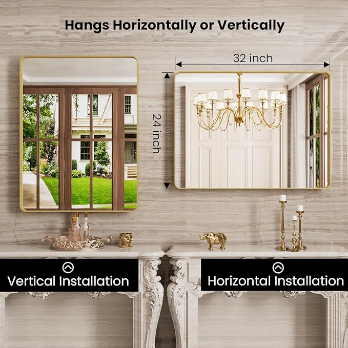 Gold Bathroom Mirror, 24x32 Inch Brushed Gold Metal Frame Mirror for Wall, Rounded Rectangle Bathroom Vanity Mirror, Tempered Glass, Anti-Rust, Horizontal/Vertical