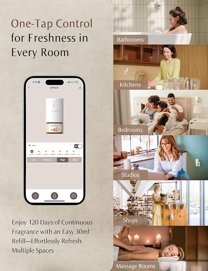 SF101S Smart Wi-Fi Waterless Ultrasonic Essential Oil Diffuser–100% Plant-Based,120-Day Natural Air Freshener & Aromatherapy scent Diffuser Covers 100㎡ for Home,Hotel-Capri Orange