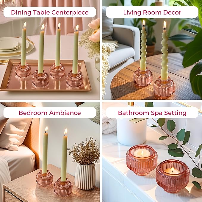 Kate Aspen Rose Gold Taper Candle Holders for Candlesticks Set of 4, Ribbed Glass Candlestick Holders, Votive Candle Holder Decor Accents, Pink Room Styling, Wedding & Home Centerpieces, Table Decor