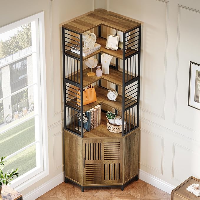 Tribesigns Tall Corner Storage Cabinet, 77.76-Inch Industrial Corner Shelf with Door, 7-Tier Metal Bookshelf Storage Bookcase Display Shelving Unit for Living Room, Rustic Brown 2PCS