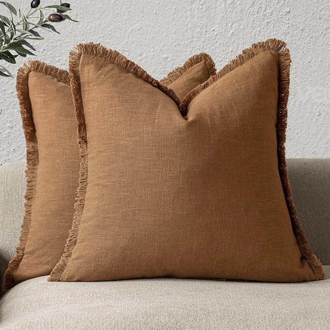 Foindtower Set of 2 Decorative Linen Fringe Throw Pillow Covers Boho Farmhouse Cushion Cover with Tassels Soft Accent Pillowcase for Couch Sofa Bed Living Room Home Decor,20×20 Inch,Orange Brown