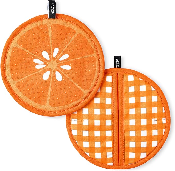 kate spade new york Squeeze The Day and Spring Gingham Pot Holder 2-Pack Set, Heat Resistant, 100% Cotton, Orange, 8"