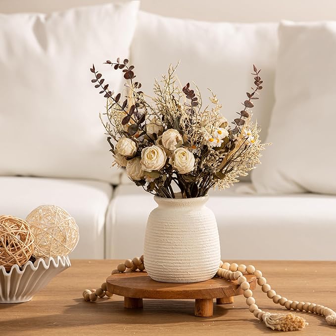 Ceramic Flower Vase, 6“ Small Rustic Farmhouse Vases Home Decor, Short Pottery Decorative Pampas Vase for Table Living Room Entryway Mantel Bookshelf Bedroom Bathroom Kitchen-White