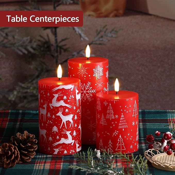 Eywamage Red Christmas Flameless Pillar Candles with Remote, Reindeer Snowflakes Tree LED Wax Candles Set of 3