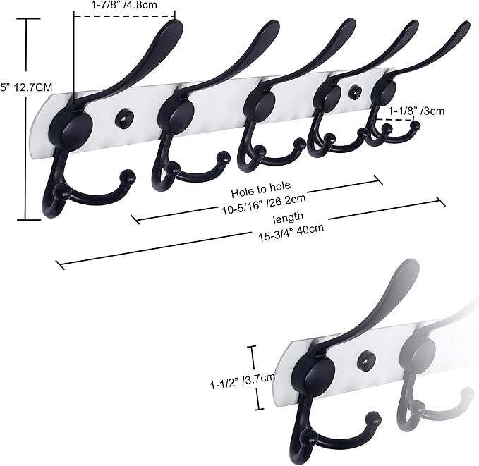 Dseap Wall Mounted Coat Rack - 5 Tri Hooks, Heavy Duty, Stainless Steel, Metal Coat Hook Rail for Coat Hat Towel Purse Robes Mudroom Bathroom Entryway,White & Black