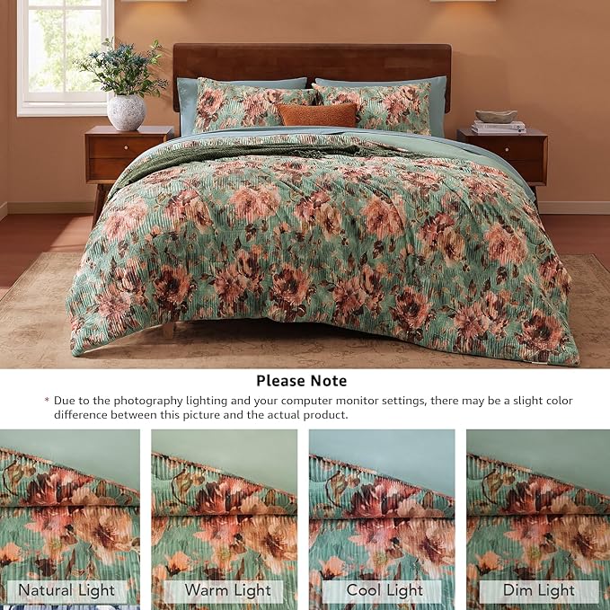 CASAAGUSTO Full Comforter Set, 7 PCS Sage & Red Floral Comforter Set with Flowers Leaves Pattern, Soft Velvet Design for Winter Full Size Bedding Set(80"X90")