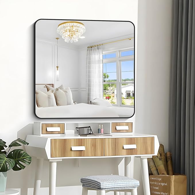 Bathroom Mirror, 42x42 inch Black Square Wall Mirror, Rounded Corner Aluminum Metal Frame Vanity Mirror, Large Wall Mounted Mirrors for Over Sink Bedroom Living Room Entryway