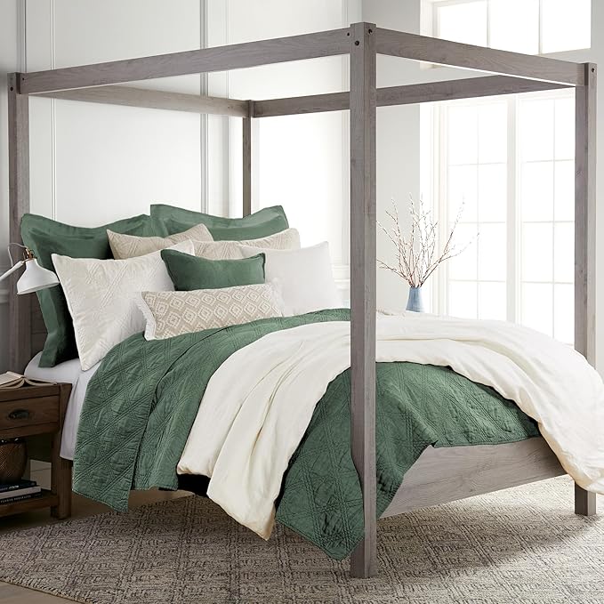 Levtex Home - 100% Linen Front/100% Cotton Back - Full/Queen Quilt - Washed Linen - Green Forest - Quilt Size (88 x 92in.)