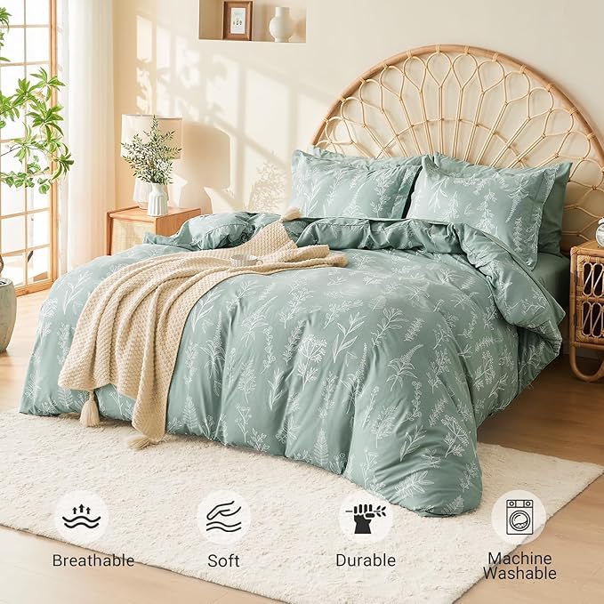 MUXHOMO Bed in a Bag Queen 7 Pieces, Sage Green Queen Comforter Set Reversible Botanical Flowers Design, Ultra Soft & Breathable Bedding Sets with Comforter, Sheets, Pillowcases & Shams