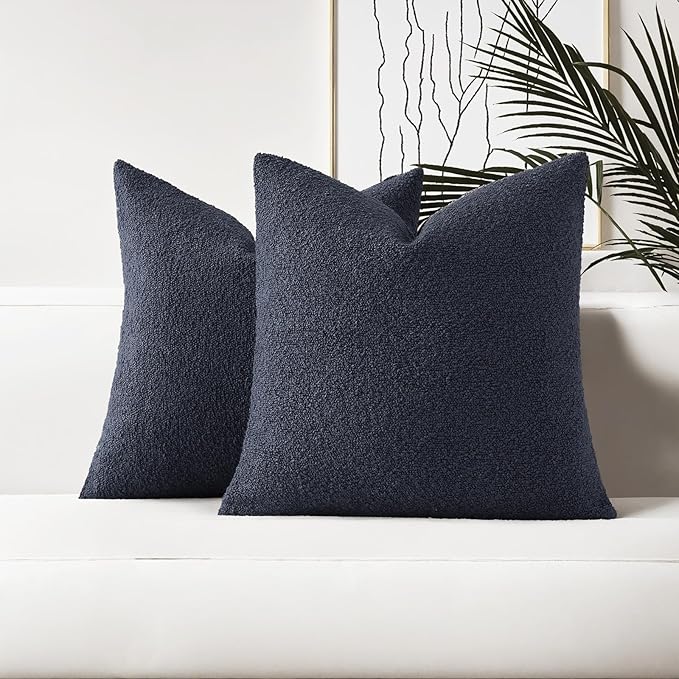 HAUSSY Set of 2 22x22 Decorative Throw Pillow Covers, Soft Cozy Textured Boucle Couch Cases, Home Decor for Couch Bed Living Room, Navy Blue