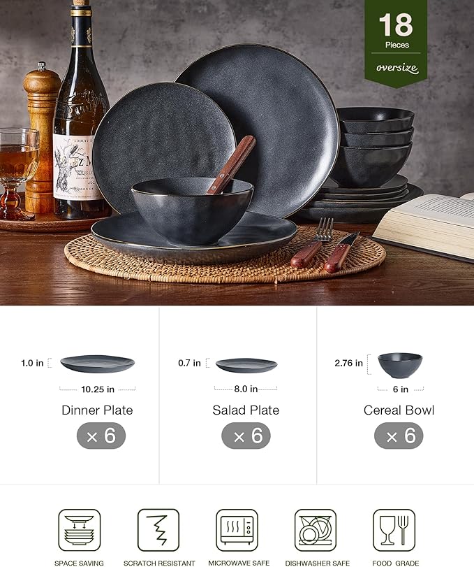 Famiware Dinnerware Sets for 6, Ocean Round 18-Piece Kitchen Plates and Bowls Sets, Microwave and Dishwasher Safe, Scratch Resistant, Matte Black