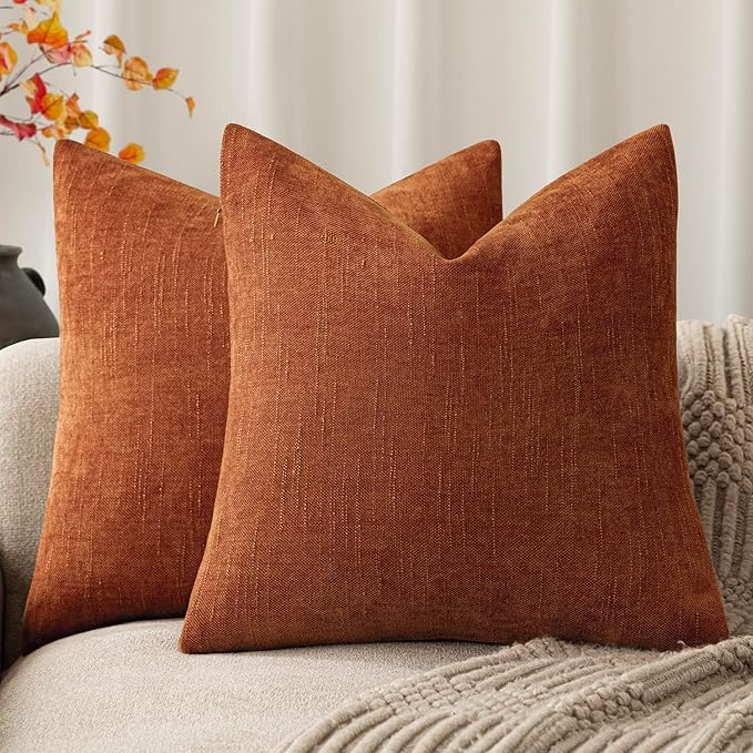 Foindtower Pack of 2 Soft Textured Chenille Throw Decorative Pillow Covers Square Accent Solid Cushion Cover Cozy Neutral Farmhouse Pillow Case for Couch Sofa Bedroom Living Room 18x18 Inch,Orange