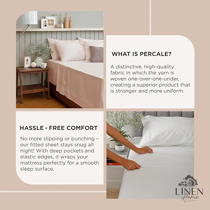 Linen Home 100% Cotton Percale Weave Fitted Sheet, Full Size, Sand Shell, 1 Deep Pocket Fitted Sheet, Fits Mattress Upto 16" Crisp and Cool Strong Bed Linen, 54"X75"+15"